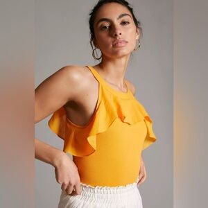 Maeve Anthropologie Ruffled Rib Halter Tank in Mango, Size S